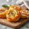 Golden Ham And Cheese pinwheels on a platter, flaky and savory — tasty Ham Appetizers for Easter or party spreads.