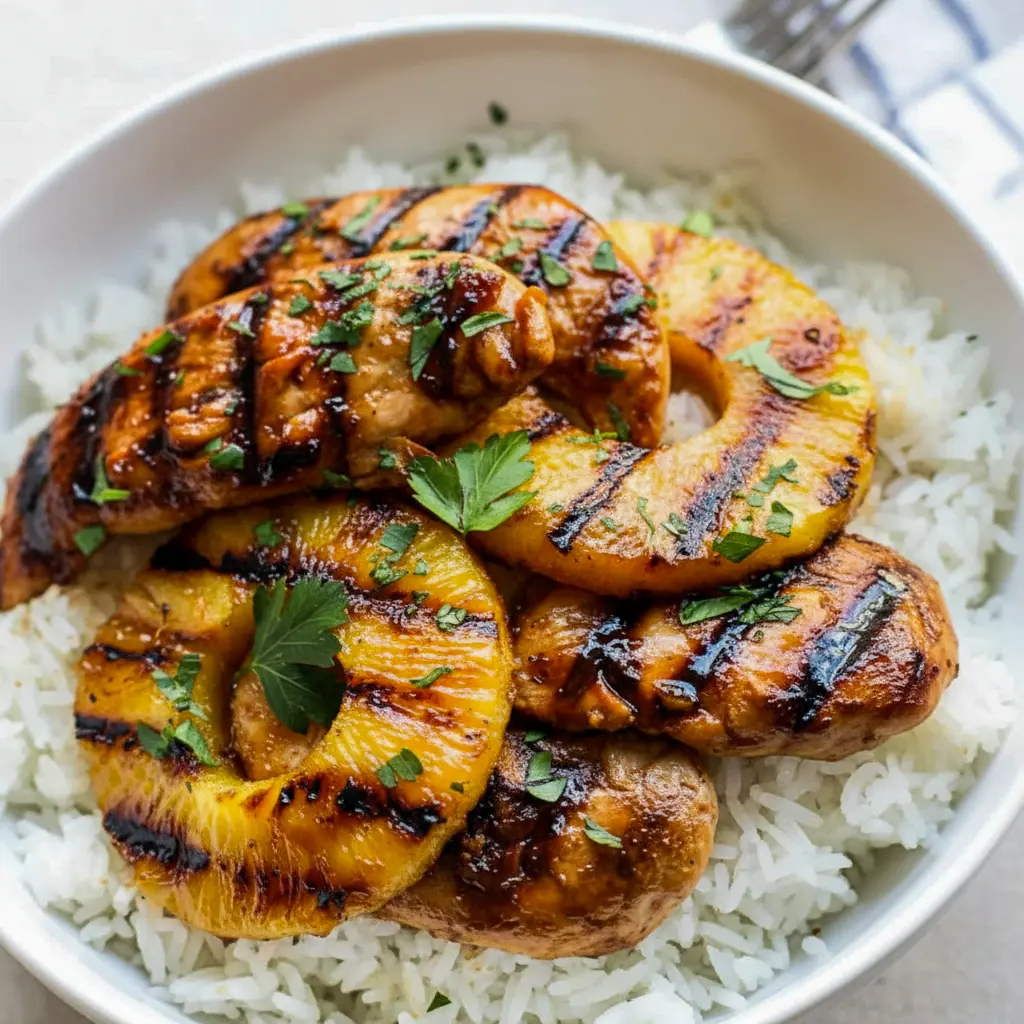 Hawaiian Chicken sliced over coconut rice with charred pineapple rings — glossy, Juicy Chicken close-up.