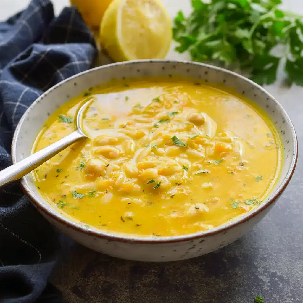Bowl of Lemon Chickpea Orzo Soup with chickpeas, orzo, and a sprinkle of parsley in a golden, lemony broth.