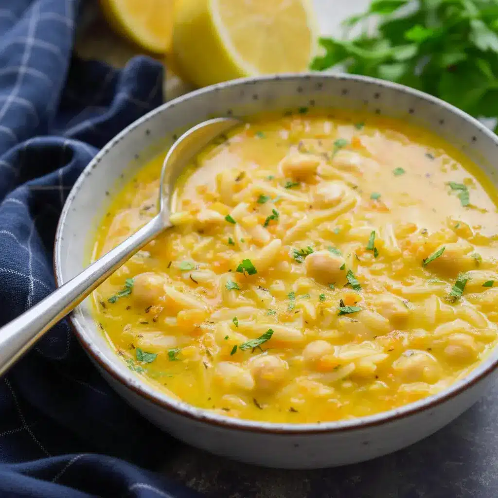 Bowl of Lemon Chickpea Orzo Soup with chickpeas, orzo, and a sprinkle of parsley in a golden, lemony broth.