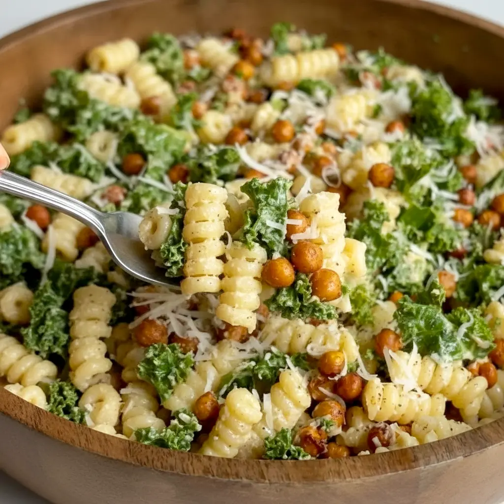 Bowl of Pasta Caesar Salad with shredded Kale, golden smoked chickpeas, and creamy tahini Caesar dressing — a fresh Good Eat ready to serve.