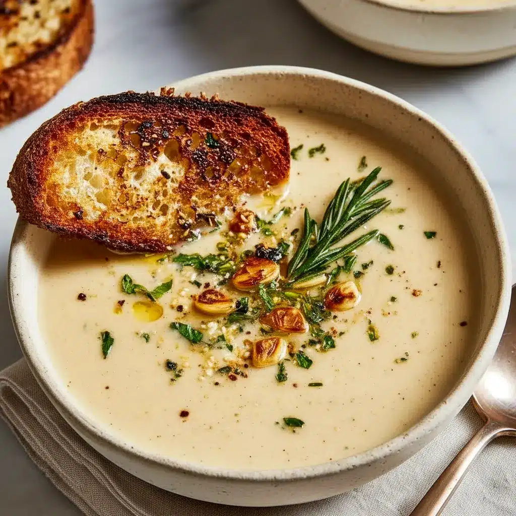 Bowl of White Bean Soup topped with fresh rosemary and cracked pepper — rustic White Bean Rosemary Soup served with a slice of crusty bread.
