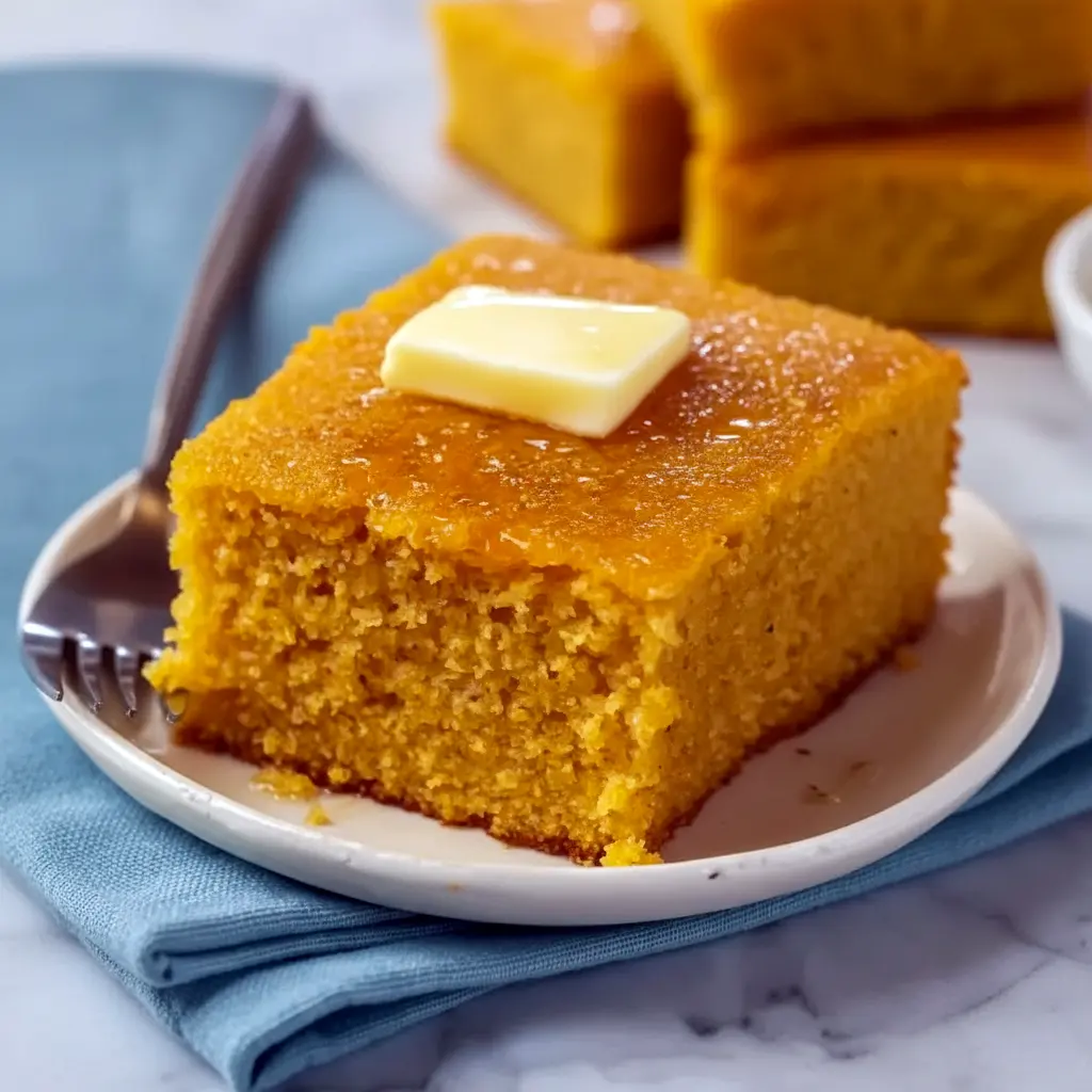 Slice of golden Sweet Potato Cornbread on a wooden board, glazed and ready — a top Quick Potato Side Dishes pick for cozy dinners.