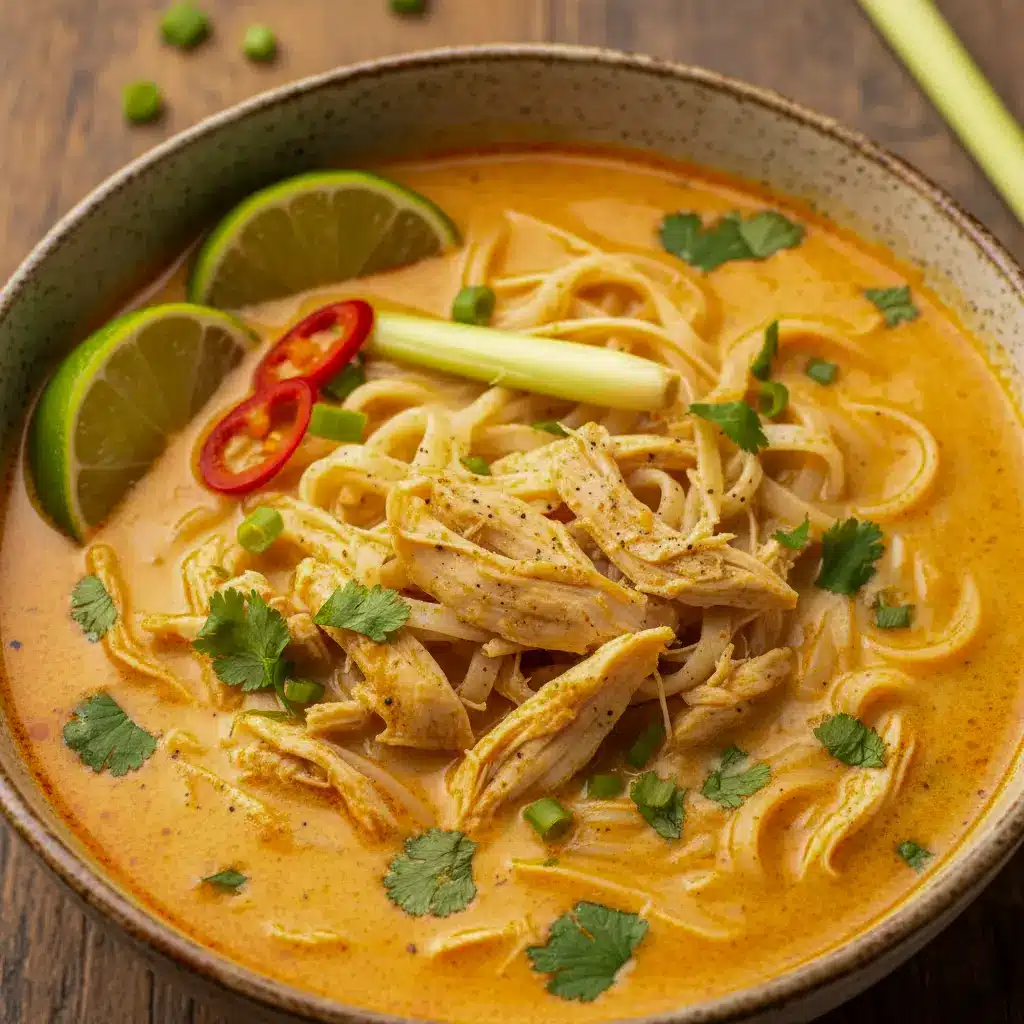 Steaming bowl of Thai Chicken Curry Soup with coconut broth, rice noodles, shredded chicken, fresh basil, cilantro, scallion, and a lime wedge — top-down close-up.