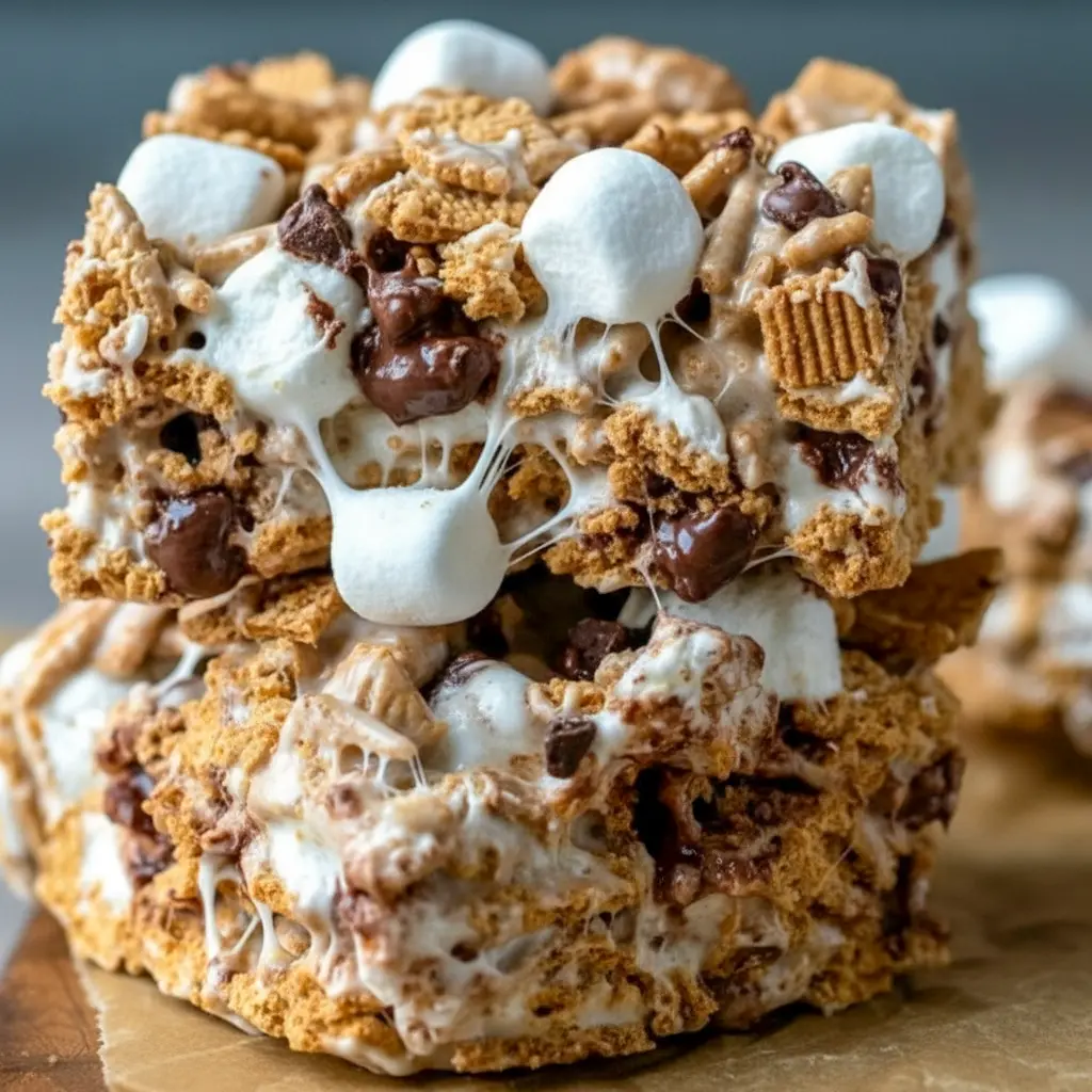 Tray of Golden Grahams S'mores bars with a gooey marshmallow layer, crunchy cereal, and chocolate chips, styled as an easy S'mores Recipe With Golden Grahams.