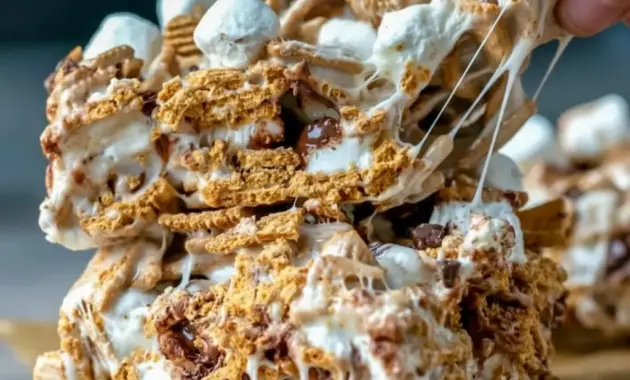 Tray of Golden Grahams S'mores bars with a gooey marshmallow layer, crunchy cereal, and chocolate chips, styled as an easy S'mores Recipe With Golden Grahams.