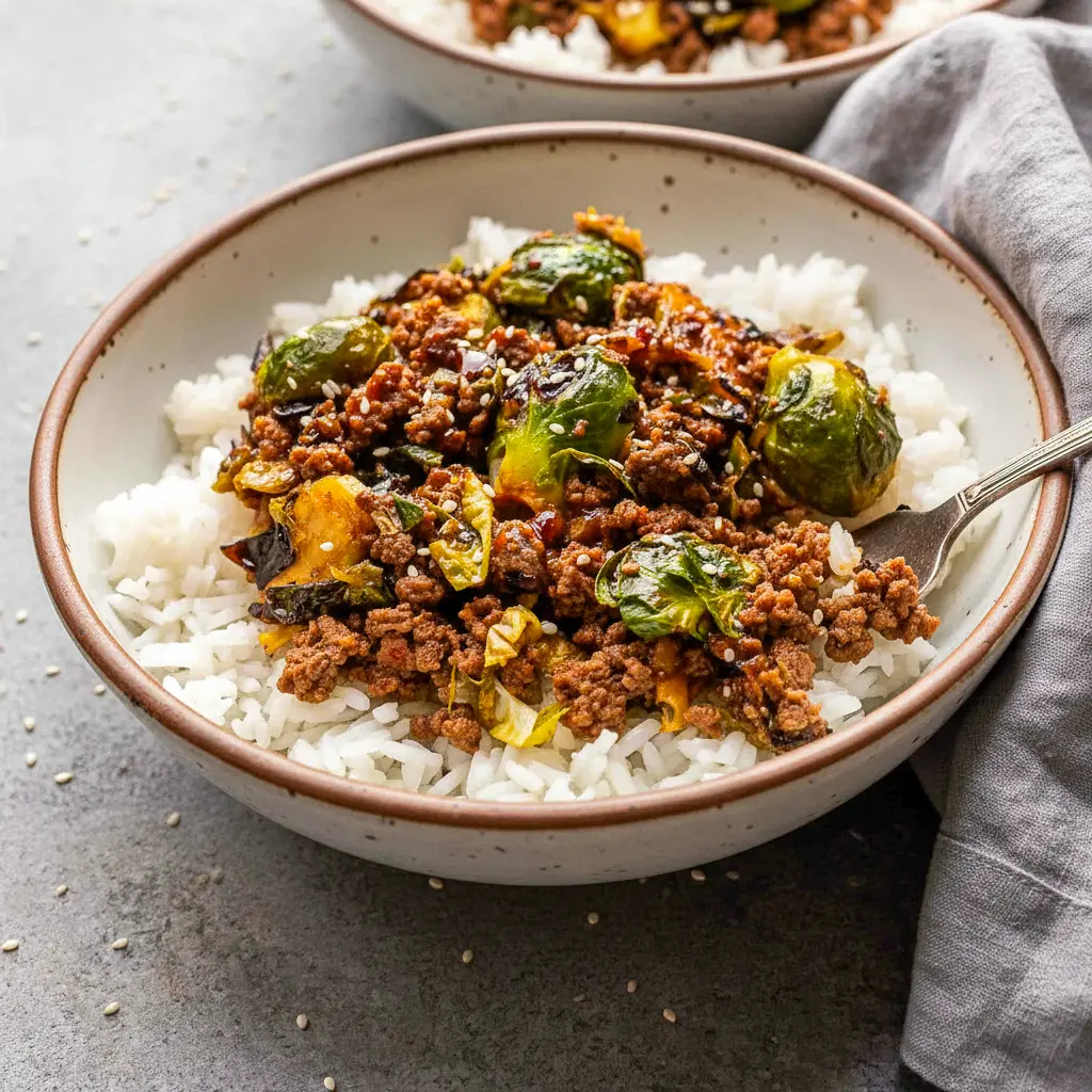 A skillet of Ground Beef and Brussels Sprouts served as a cozy Meal Idea With Ground Beef with tender Brussels sprouts, saucy beef, and a quick homemade dinner vibe.