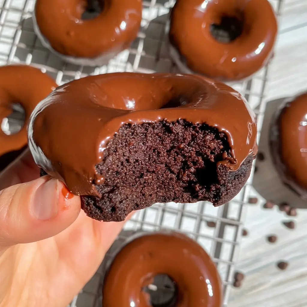 Chocolate Protein Donuts — six chocolate-glazed donuts on a wire rack, showing moist interior and glossy dark-chocolate finish, paleo and gluten-free.