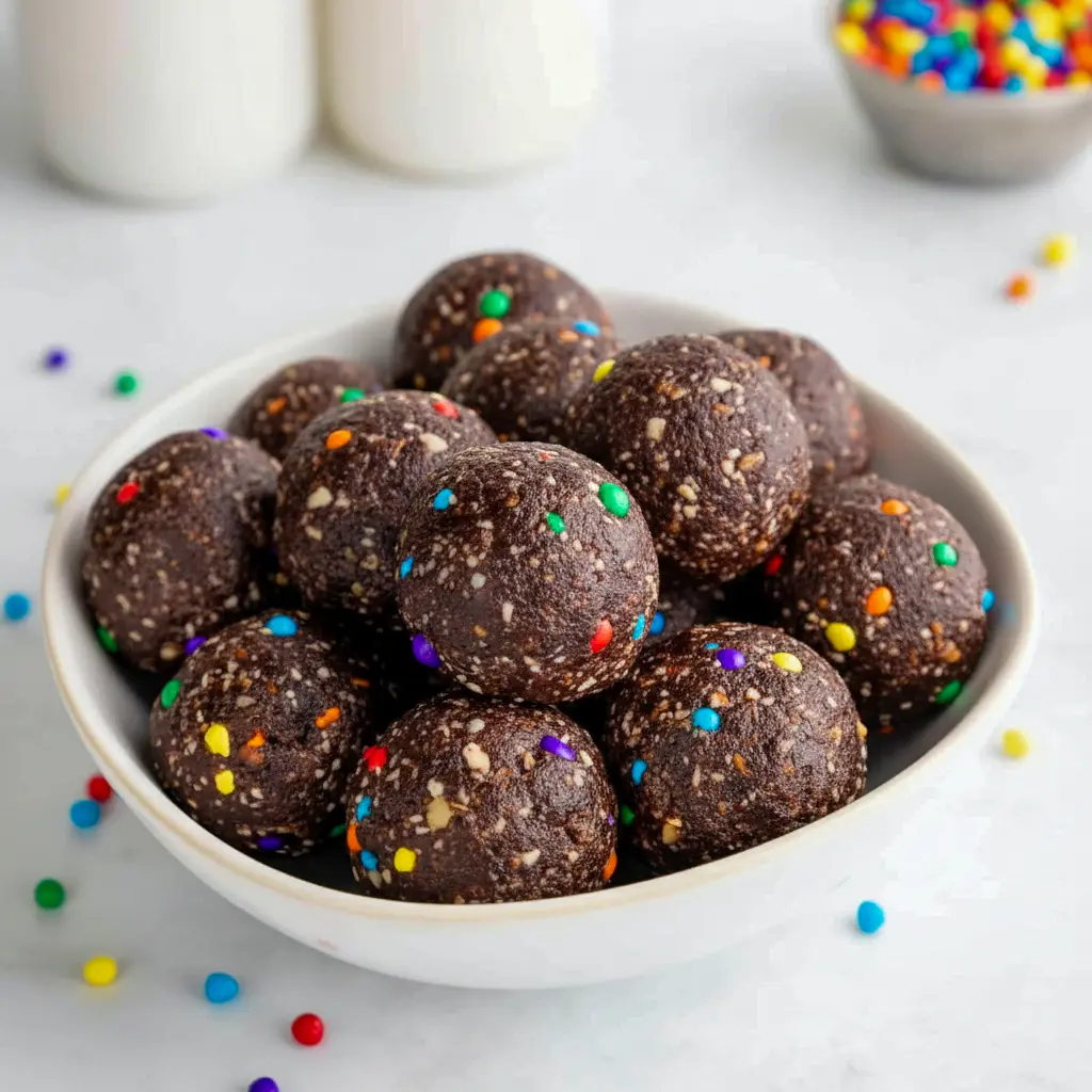A plate of Cosmic Brownie Bites with a fudgy chocolate texture and rainbow candy-coated chips, styled as a healthy No Bake Dessert Bites treat.