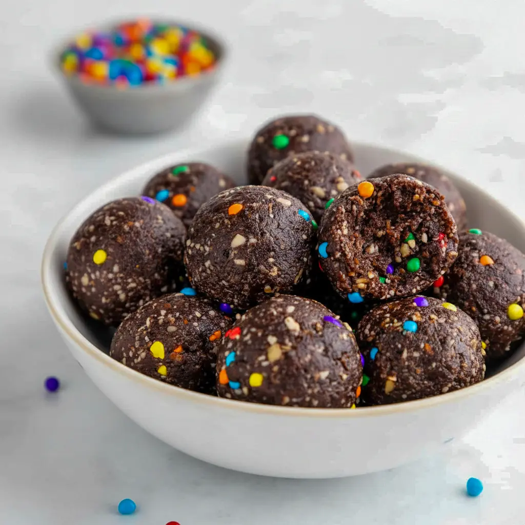 A plate of Cosmic Brownie Bites with a fudgy chocolate texture and rainbow candy-coated chips, styled as a healthy No Bake Dessert Bites treat.