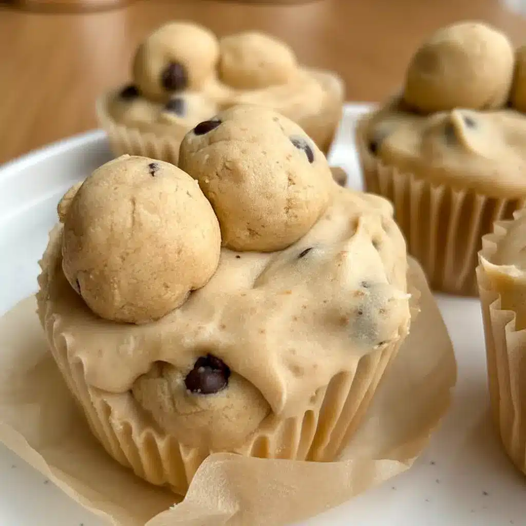 Close-up of three Cookie Dough Cups in paper liners: creamy yogurt base, little protein cookie-dough bites, and chocolate chips on top.