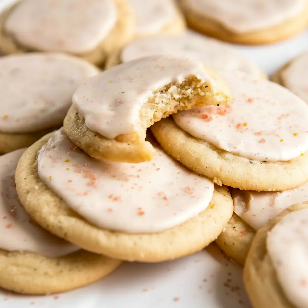 A stack of iced Taylor Swift Chai Cookies on a plate with a warm mug of tea, styled as a cozy homemade dessert.