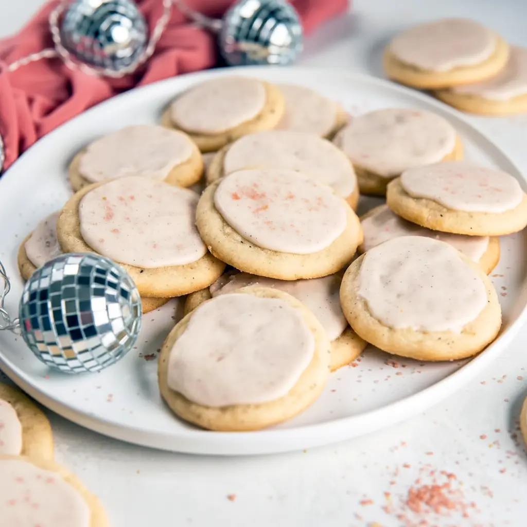 A stack of iced Taylor Swift Chai Cookies on a plate with a warm mug of tea, styled as a cozy homemade dessert.