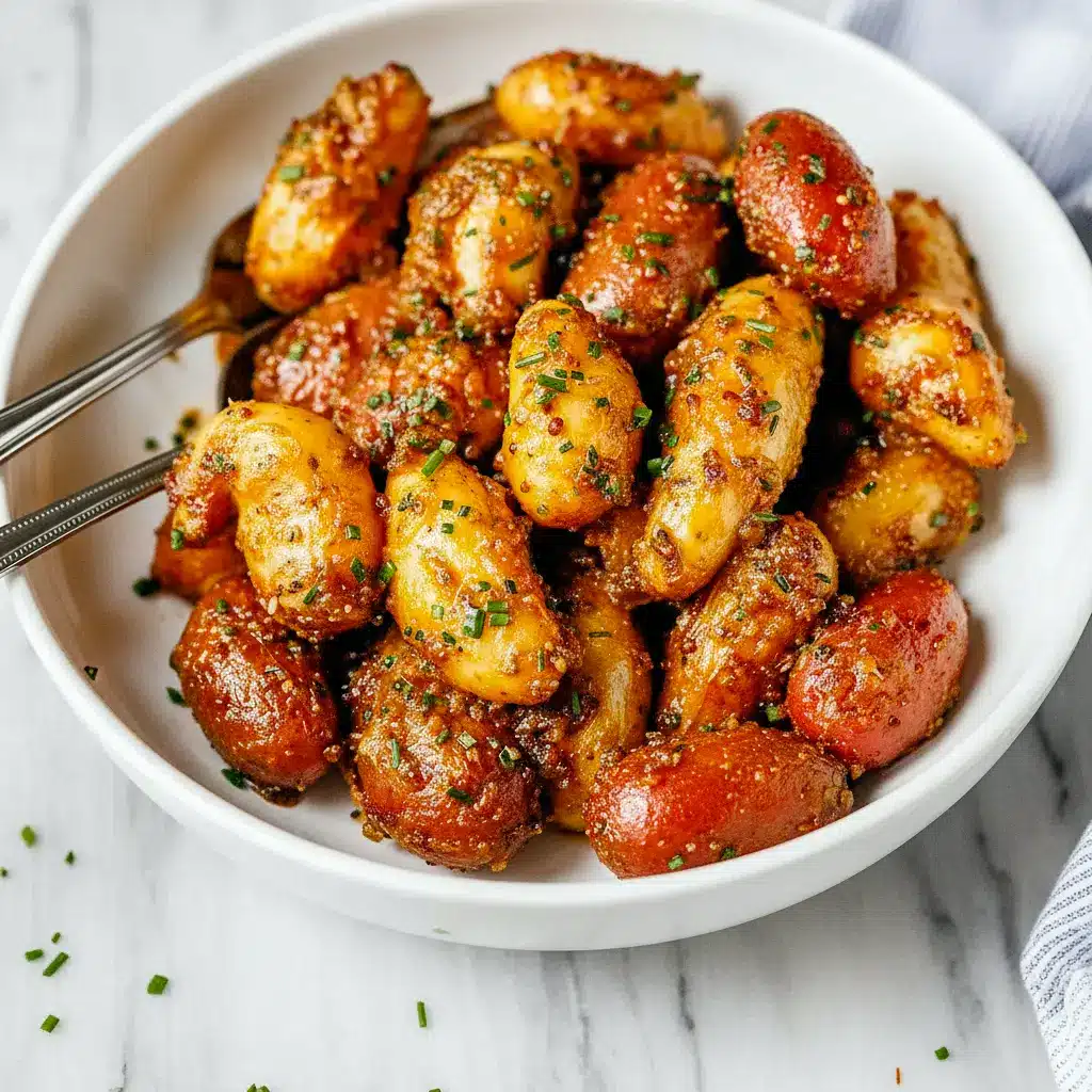 A skillet of Honey Mustard Potatoes with golden baby potatoes coated in a glossy honey mustard glaze and topped with fresh chives.