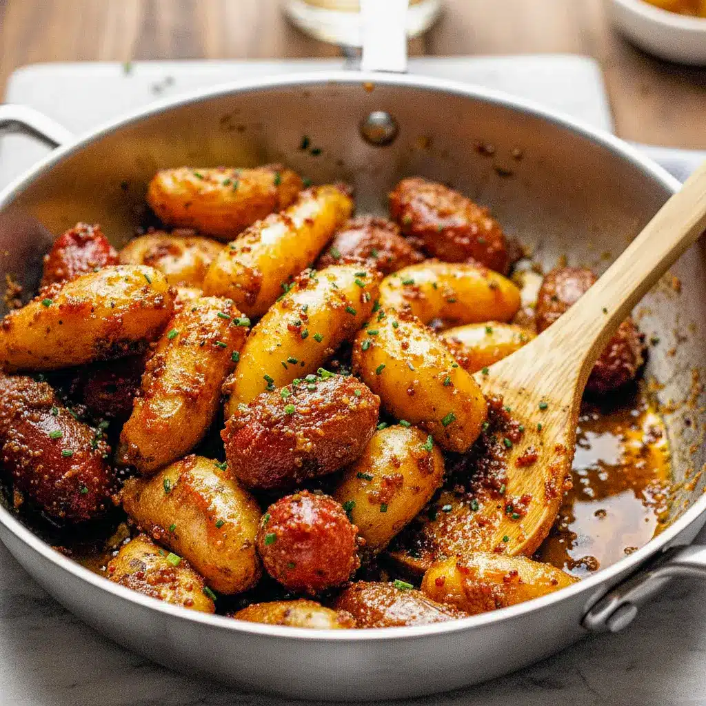 A skillet of Honey Mustard Potatoes with golden baby potatoes coated in a glossy honey mustard glaze and topped with fresh chives.