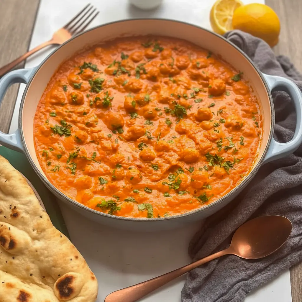 Indian Butter Chickpeas — creamy tomato-spice sauce with tender chickpeas, garnished with cilantro and lemon, served with naan for a cozy Easy Cooking Vegetarian meal.