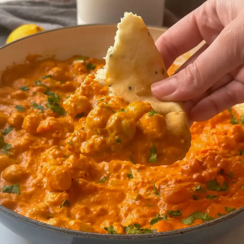 Indian Butter Chickpeas — creamy tomato-spice sauce with tender chickpeas, garnished with cilantro and lemon, served with naan for a cozy Easy Cooking Vegetarian meal.