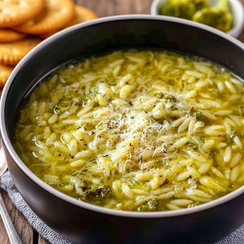 A bowl of Italian Broccoli Soup topped with parmesan cheese and olive oil, with tender broccoli, pasta, and garlic broth for a cozy homemade dinner.