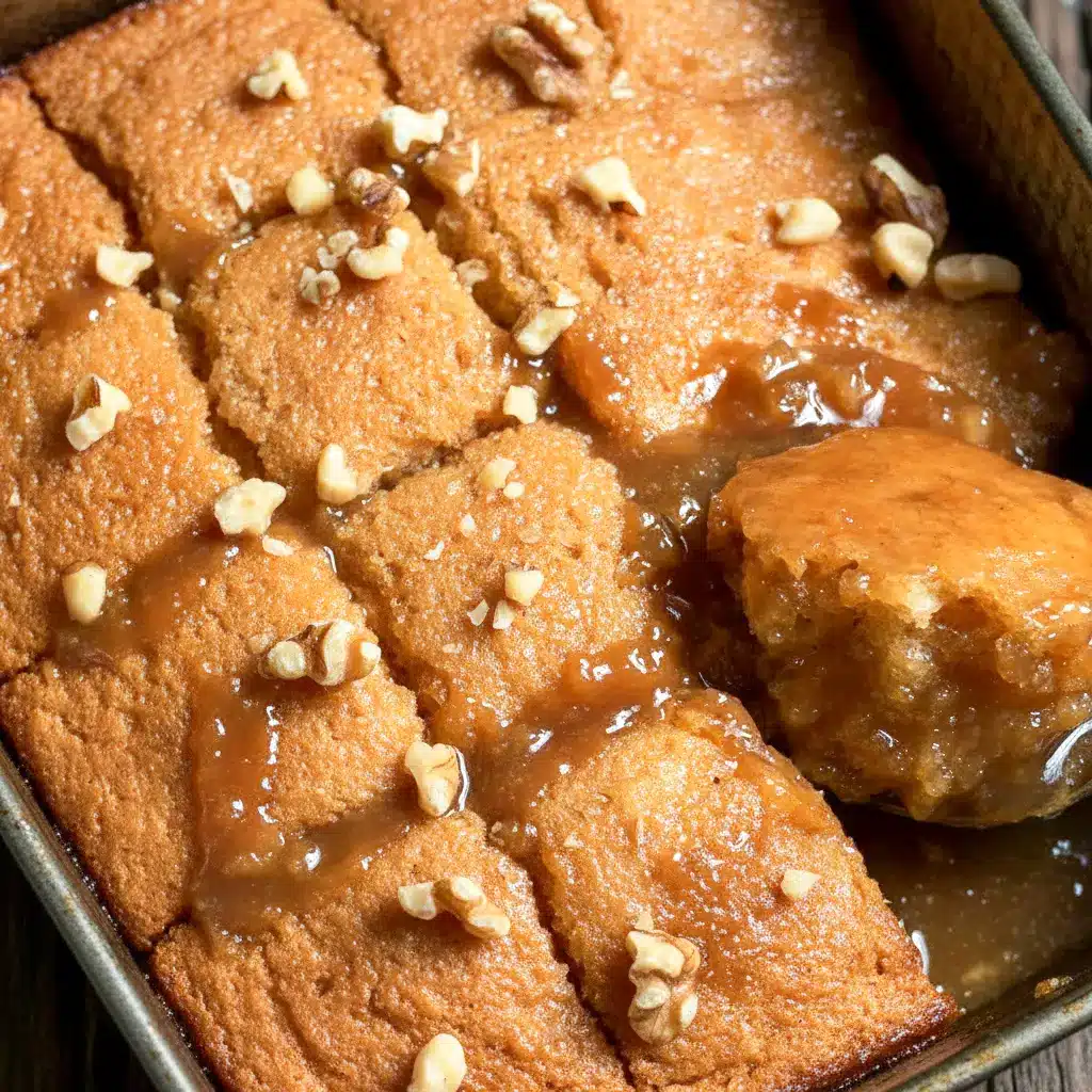 A spoonful of Maple Pudding Cake in a bowl, topped with glossy maple sauce and walnuts — a cozy Maple Syrup Pudding dessert close-up.