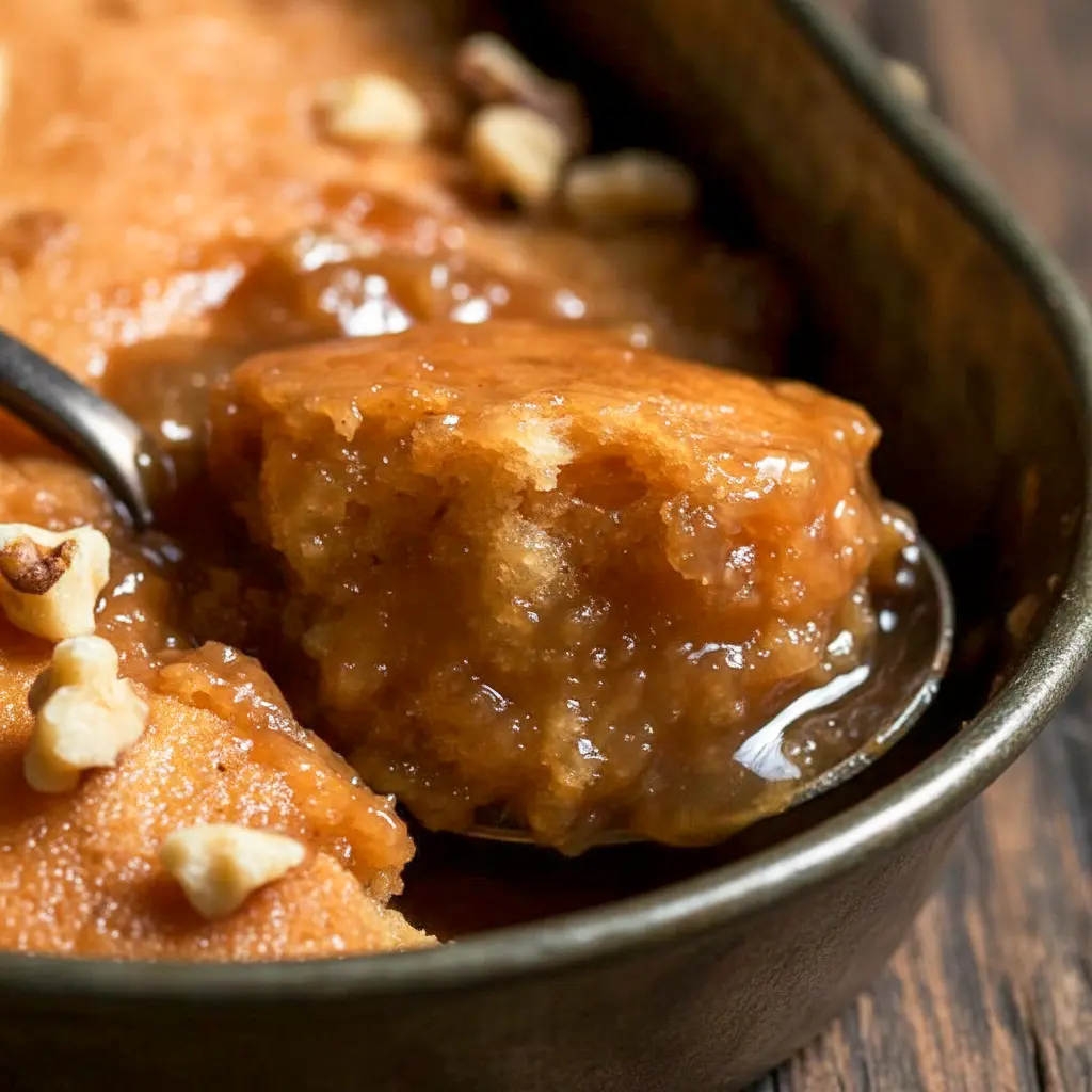 A spoonful of Maple Pudding Cake in a bowl, topped with glossy maple sauce and walnuts — a cozy Maple Syrup Pudding dessert close-up.