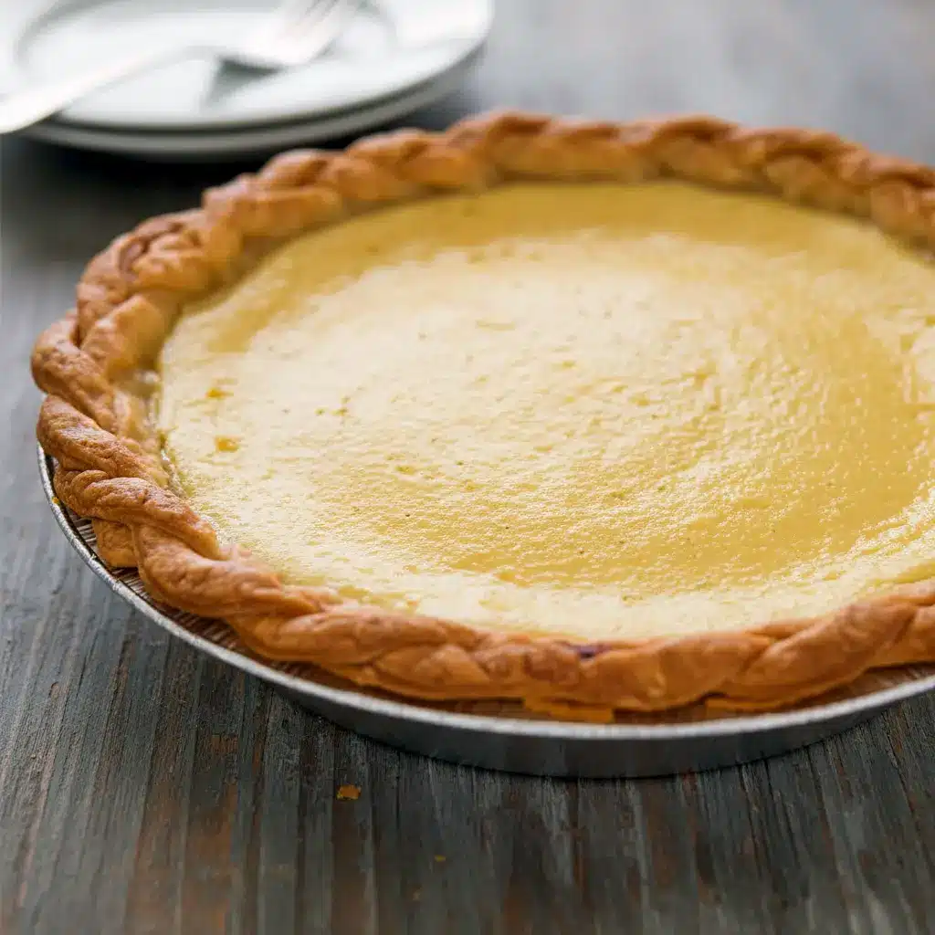 Apple Custard Pie slice on a white plate, glossy custard and browned single crust visible — a close-up of a classic Single Crust Pie (Marlborough Pie).