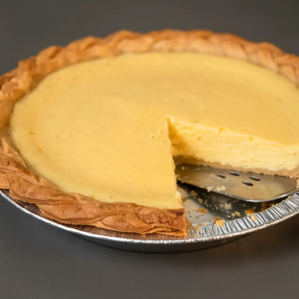 Apple Custard Pie slice on a white plate, glossy custard and browned single crust visible — a close-up of a classic Single Crust Pie (Marlborough Pie).