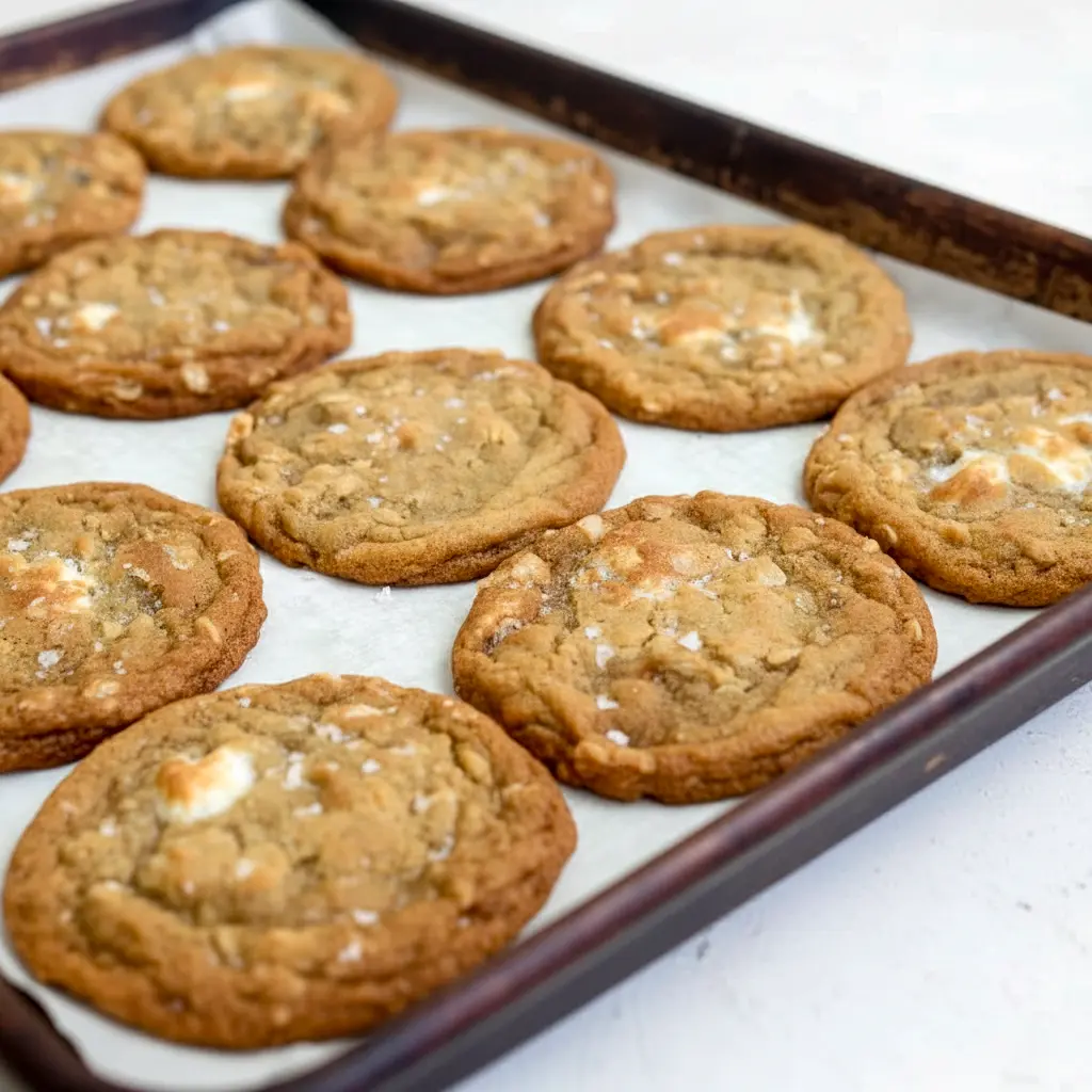 Plate of golden Marshmallow Crispy Cookies: thin, crispy edges with visible Rice Krispies and gooey marshmallow pockets, sprinkled with flaky salt.
