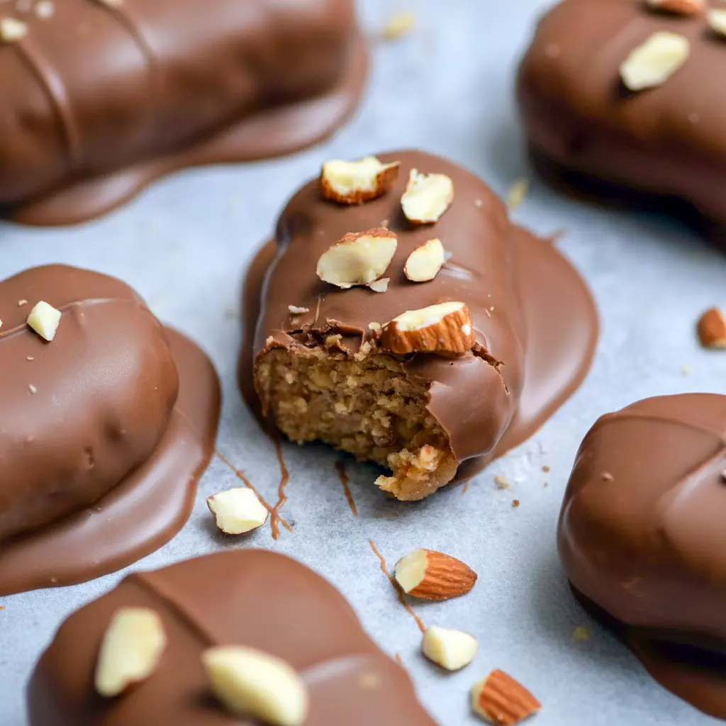 Close-up of Peanut Butter Protein Bars dipped in chocolate and cooling on parchment paper — chewy, chocolate-coated snack ready to eat.