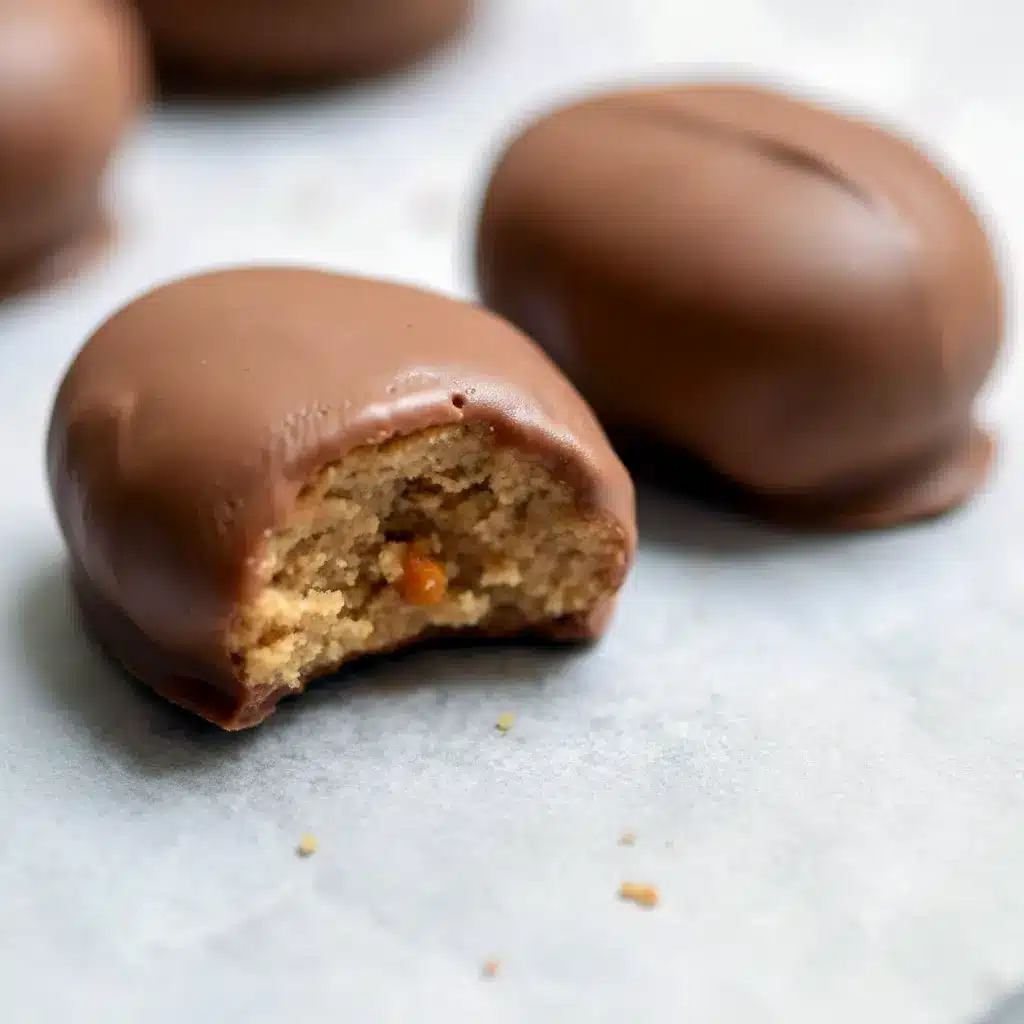 Close-up of Peanut Butter Protein Bars dipped in chocolate and cooling on parchment paper — chewy, chocolate-coated snack ready to eat.