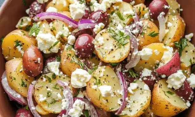 A bowl of Potato Feta Salad with tender potatoes, crumbled feta, Kalamata olives, red onion, and dill, styled as one of the Best Cold Side Dishes for a fresh and colorful meal.