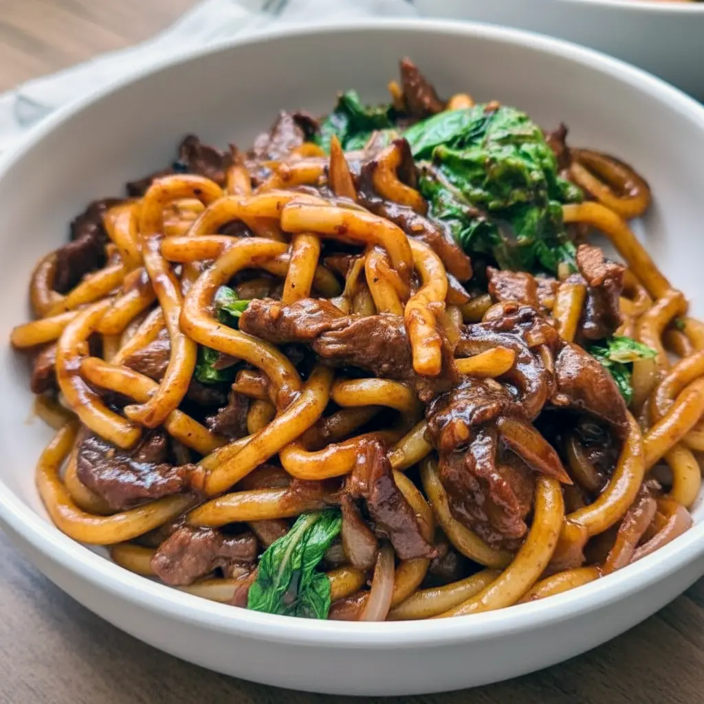 Bowl of Beef Udon with sliced steak, Chinese cabbage, and glossy black-pepper sauce over springy Noodles.