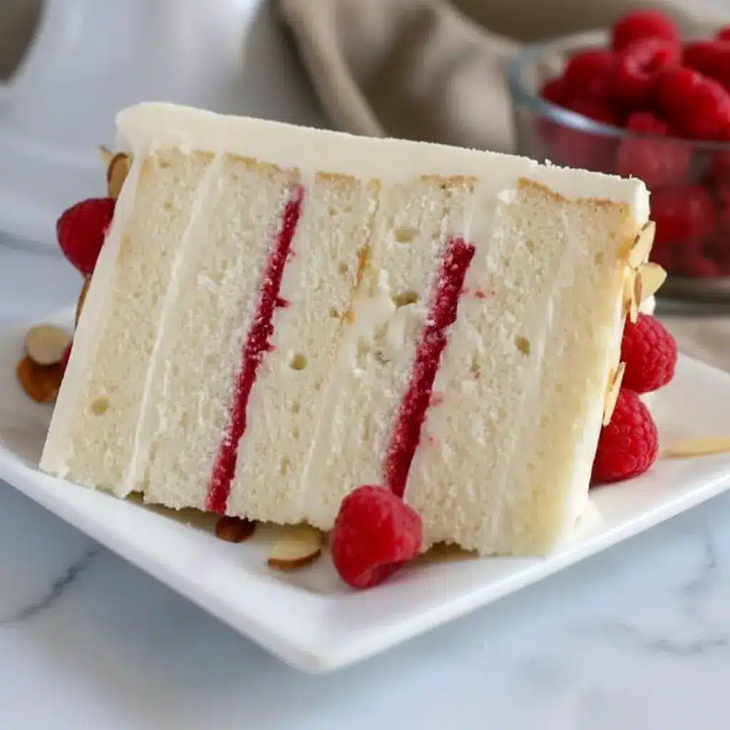 Raspberry Almond Cake with white almond cake layers, raspberry filling, creamy frosting, fresh raspberries, and slivered almonds on top.