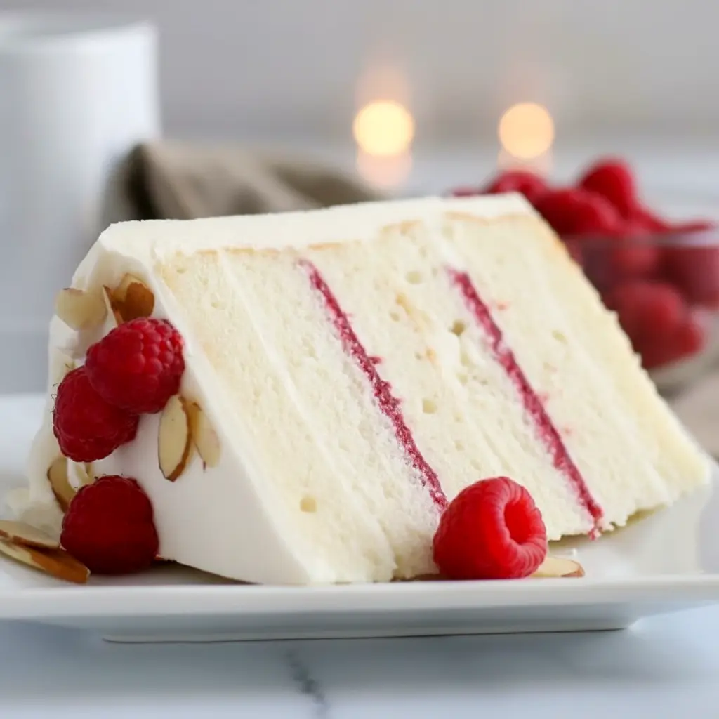 Raspberry Almond Cake with white almond cake layers, raspberry filling, creamy frosting, fresh raspberries, and slivered almonds on top.