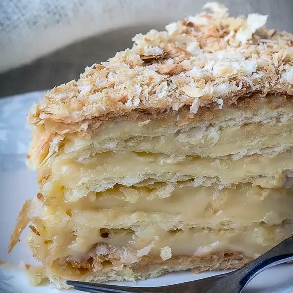 Russian Napoleon Cake slice with thin flaky pastry layers, rich custard filling, and a crumb-coated top on a serving plate.