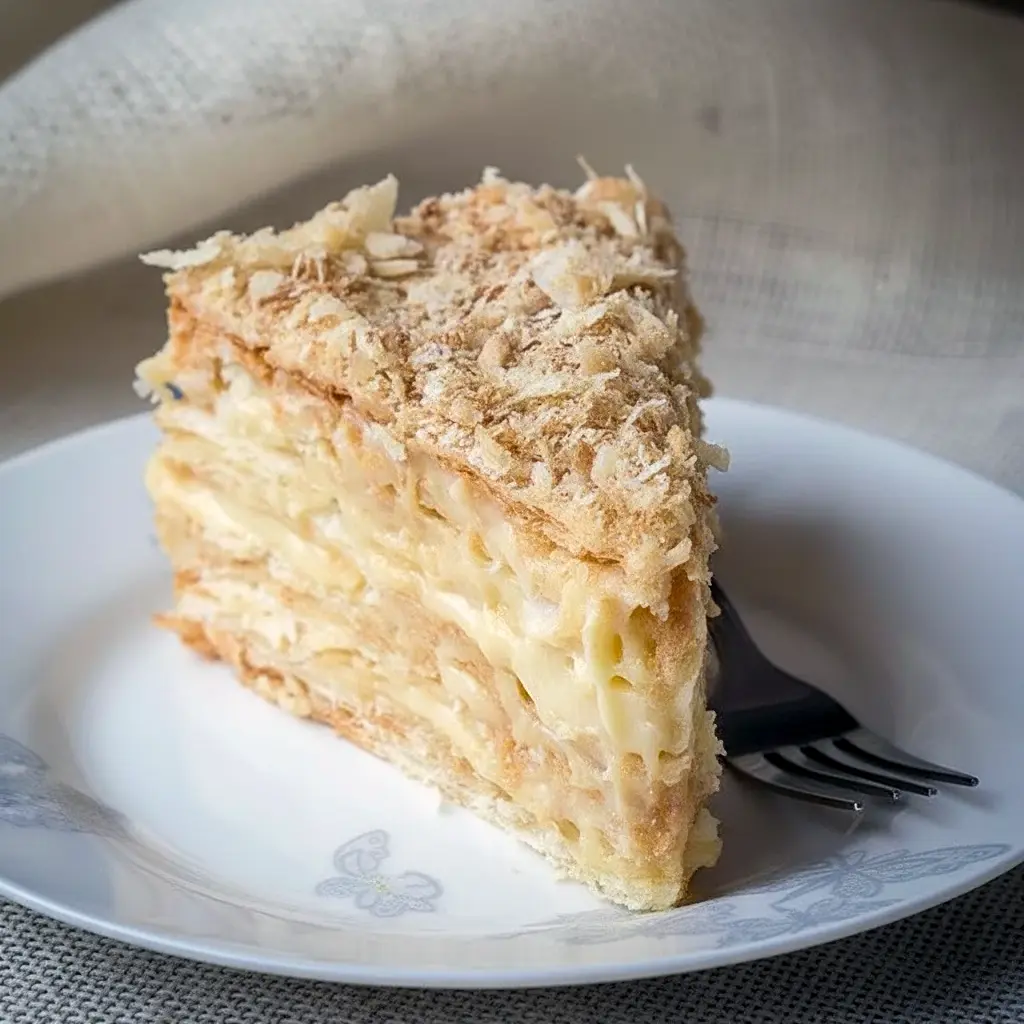 Russian Napoleon Cake slice with thin flaky pastry layers, rich custard filling, and a crumb-coated top on a serving plate.