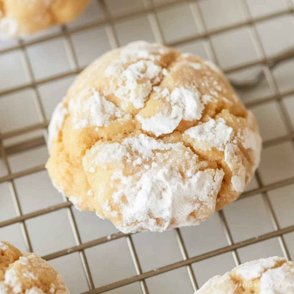 A stack of Pumpkin Butter Cookies coated in powdered sugar, showing a soft, thick, gooey texture for a cozy fall dessert.