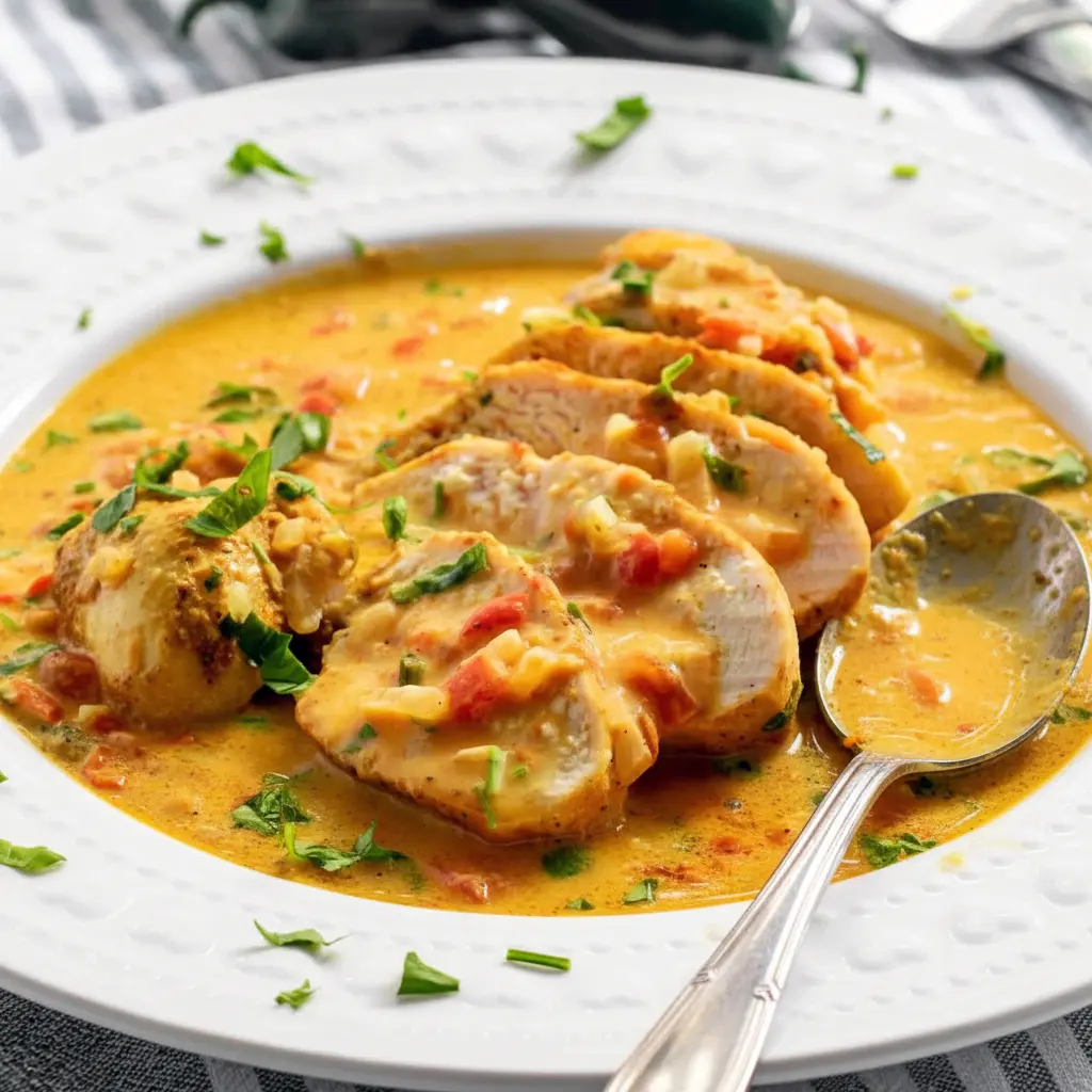 Close-up of Spicy Brazilian Coconut Chicken in creamy coconut-chili sauce with lime and cilantro, served over steamed rice.