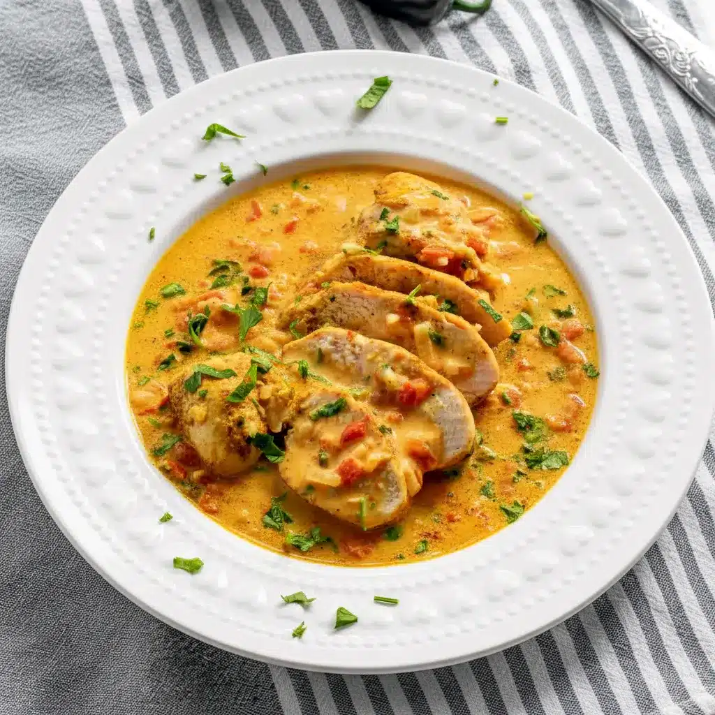 Close-up of Spicy Brazilian Coconut Chicken in creamy coconut-chili sauce with lime and cilantro, served over steamed rice.