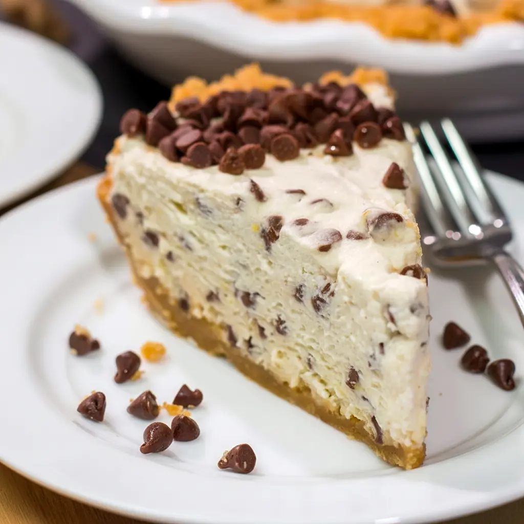 Cannoli Pie — close-up of a slice showing creamy mascarpone-ricotta filling studded with mini chocolate chips on a golden vanilla-wafer crust, dusted with powdered sugar.