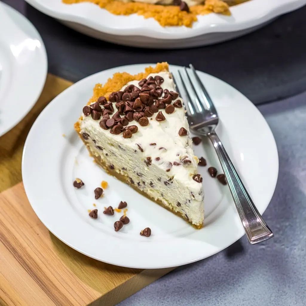 Cannoli Pie — close-up of a slice showing creamy mascarpone-ricotta filling studded with mini chocolate chips on a golden vanilla-wafer crust, dusted with powdered sugar.