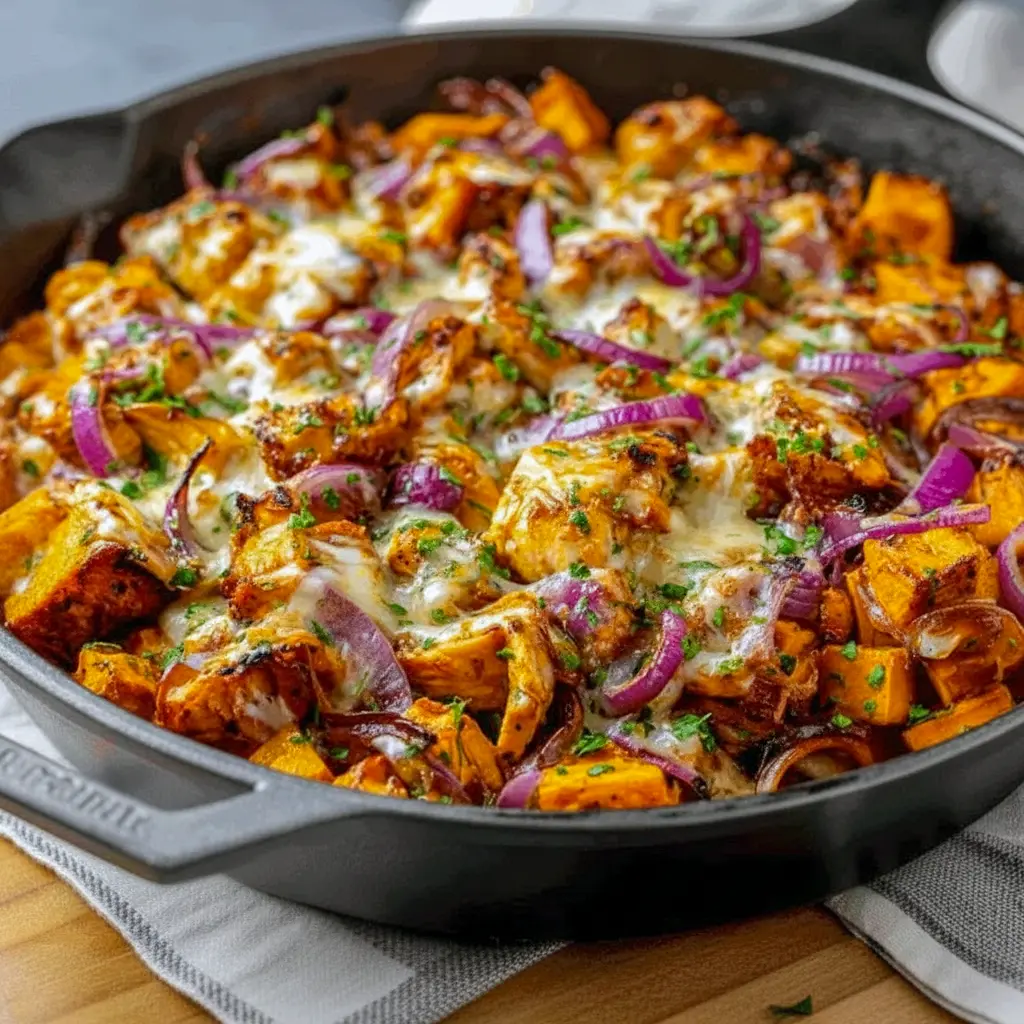 BBQ Chicken Sweet Potato Skillet topped with green onions and melted cheese, a delicious example of Healthy One Skillet Meals.