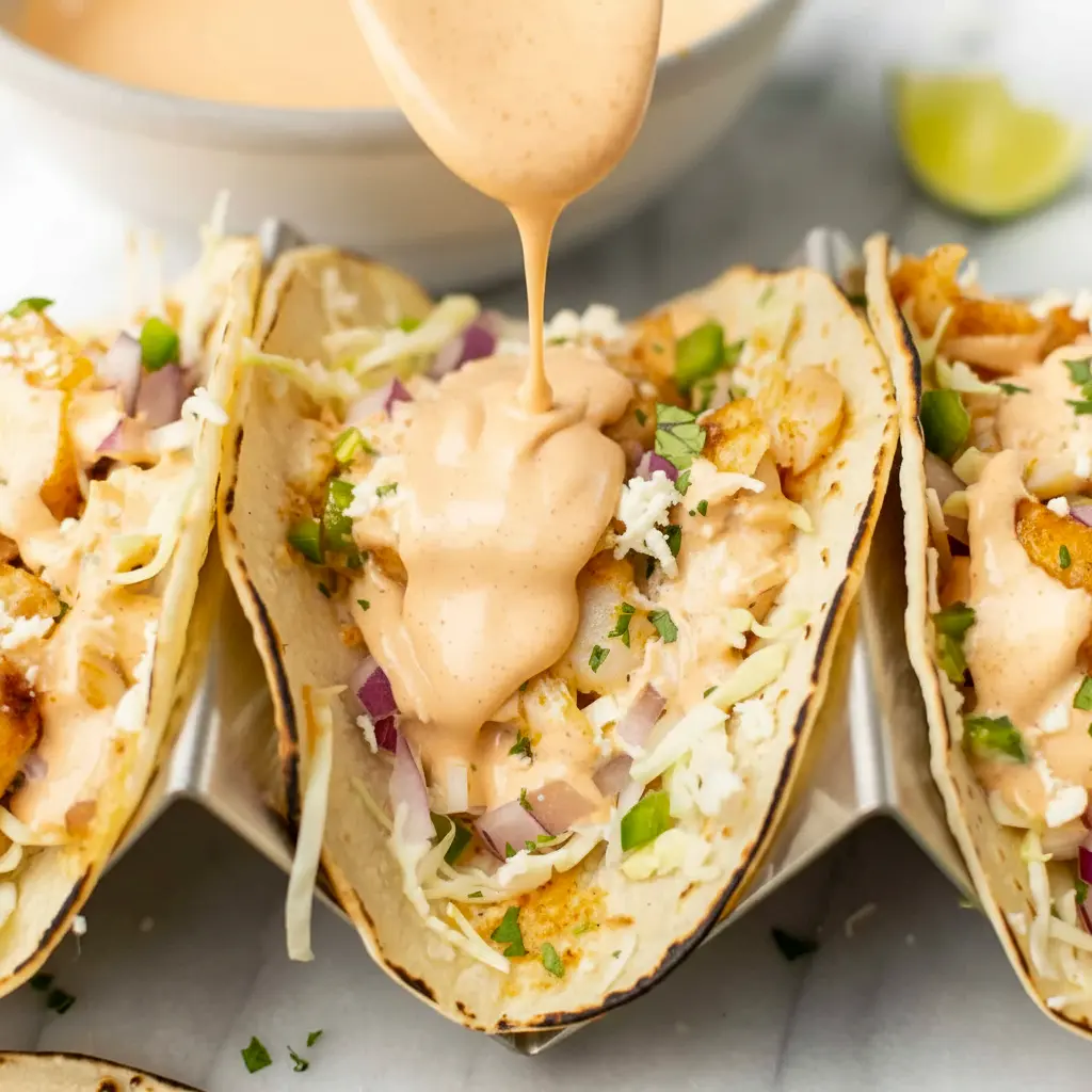 A plate of Fish Tacos topped with cabbage, cilantro, and a drizzle of Fish Taco Sauce, styled as a bright and flavorful weeknight meal.