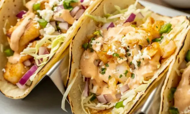 A plate of Fish Tacos topped with cabbage, cilantro, and a drizzle of Fish Taco Sauce, styled as a bright and flavorful weeknight meal.