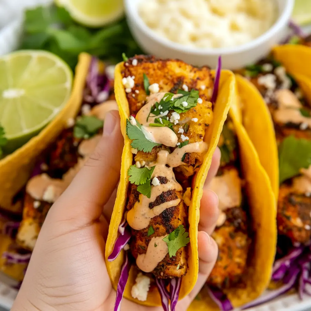 A platter of Blackened Fish Tacos with dark spice-crusted fish, shredded cabbage, lime wedges, and creamy sauce, styled as one of the best Easy Seafood Taco Recipes.