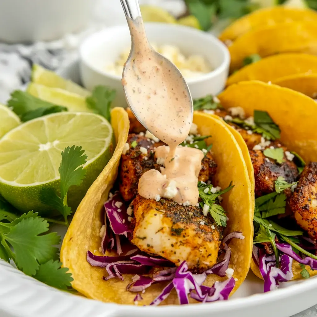 A platter of Blackened Fish Tacos with dark spice-crusted fish, shredded cabbage, lime wedges, and creamy sauce, styled as one of the best Easy Seafood Taco Recipes.
