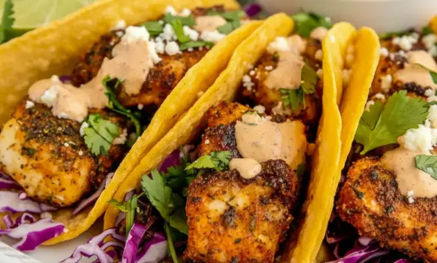 A platter of Blackened Fish Tacos with dark spice-crusted fish, shredded cabbage, lime wedges, and creamy sauce, styled as one of the best Easy Seafood Taco Recipes.