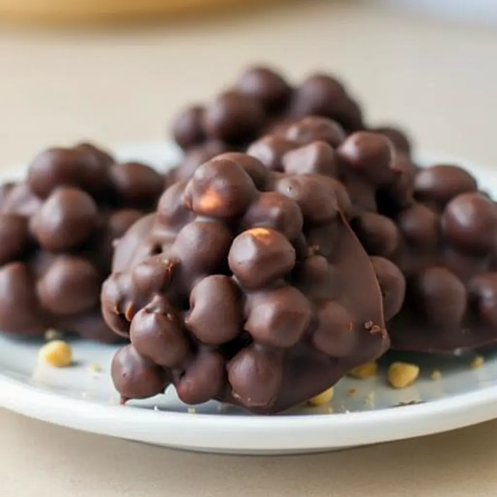 Chocolate Chickpeas in bite-sized clusters coated with dark chocolate, showing a crunchy Sweet Chickpeas Snack and an easy Chocolate Chickpea Clusters dessert.