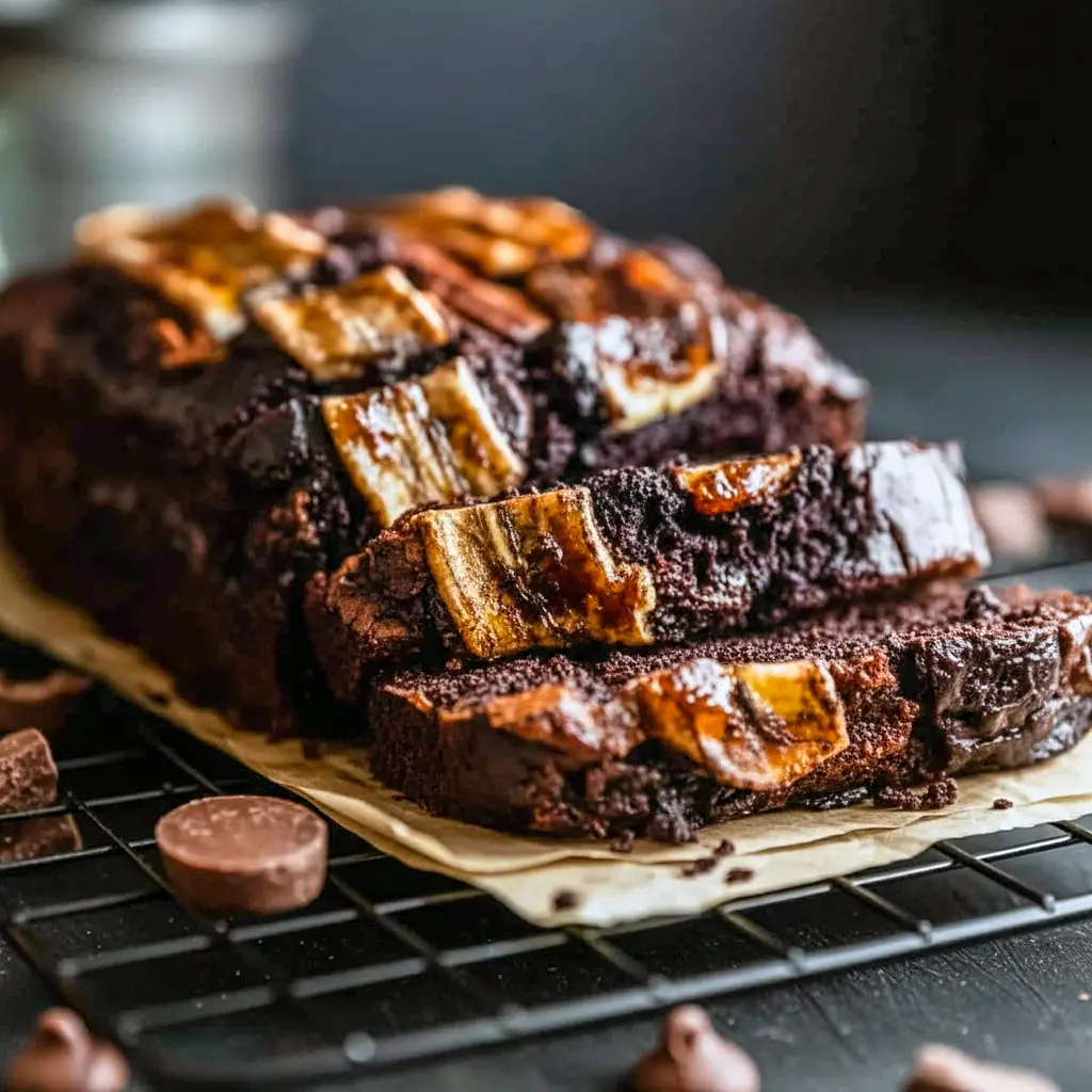A slice of Chocolate Espresso Banana Bread with melted chocolate chips and a soft, rich crumb, shown as a decadent Bread Recipes Sweet treat on a plate.