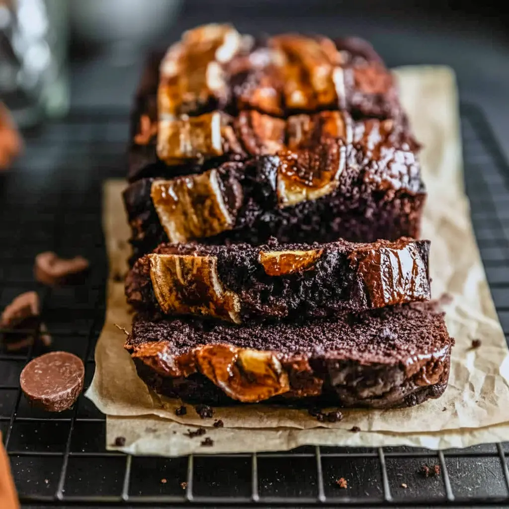 A slice of Chocolate Espresso Banana Bread with melted chocolate chips and a soft, rich crumb, shown as a decadent Bread Recipes Sweet treat on a plate.