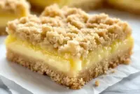 Lemon Crumb Bars with a buttery crumb topping, creamy lemon filling, and a light powdered sugar finish on a serving tray.